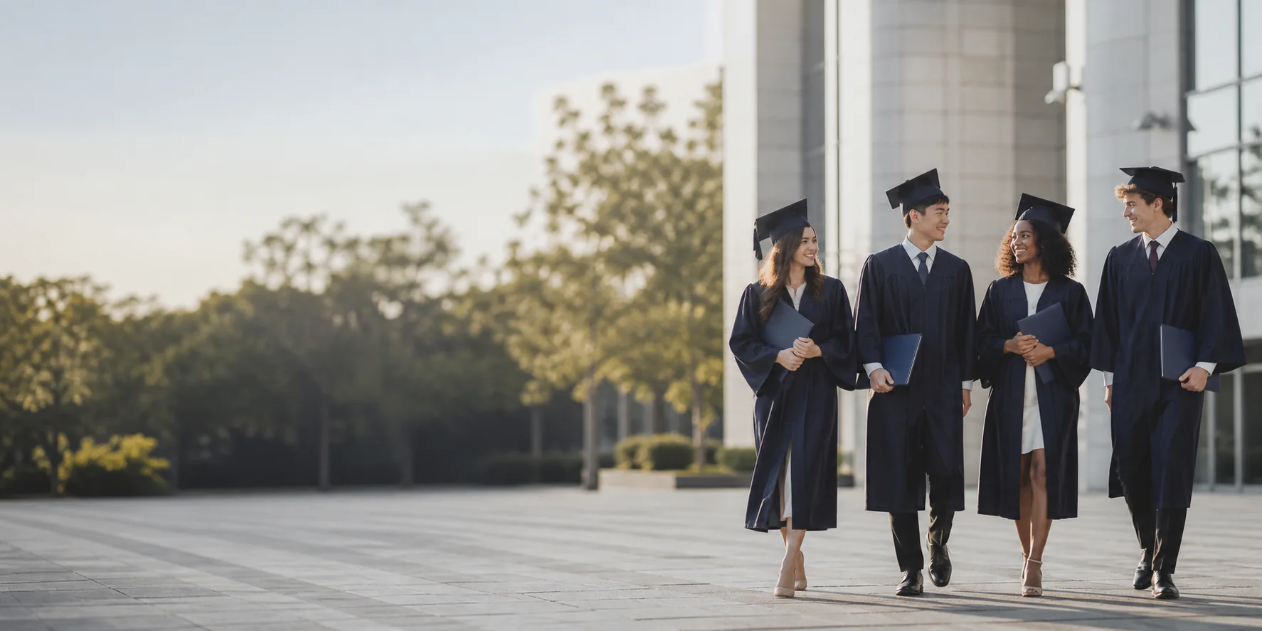 College graduates walking together in caps and gowns