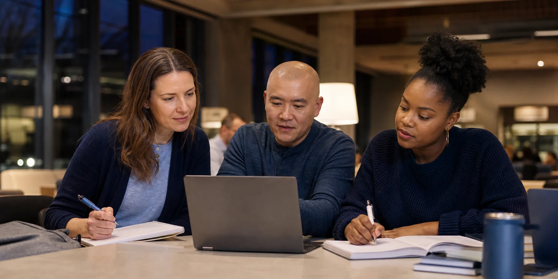 Adult students studying together in a university learning commons