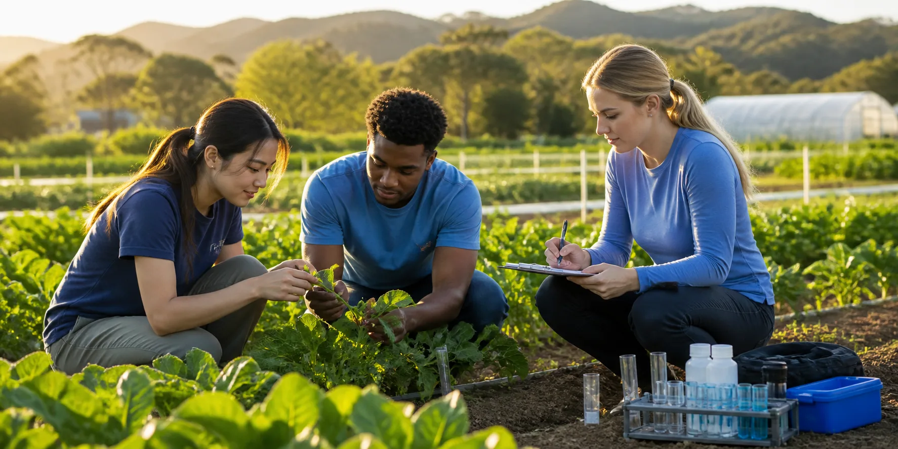 Agriculture students examining crops during field research