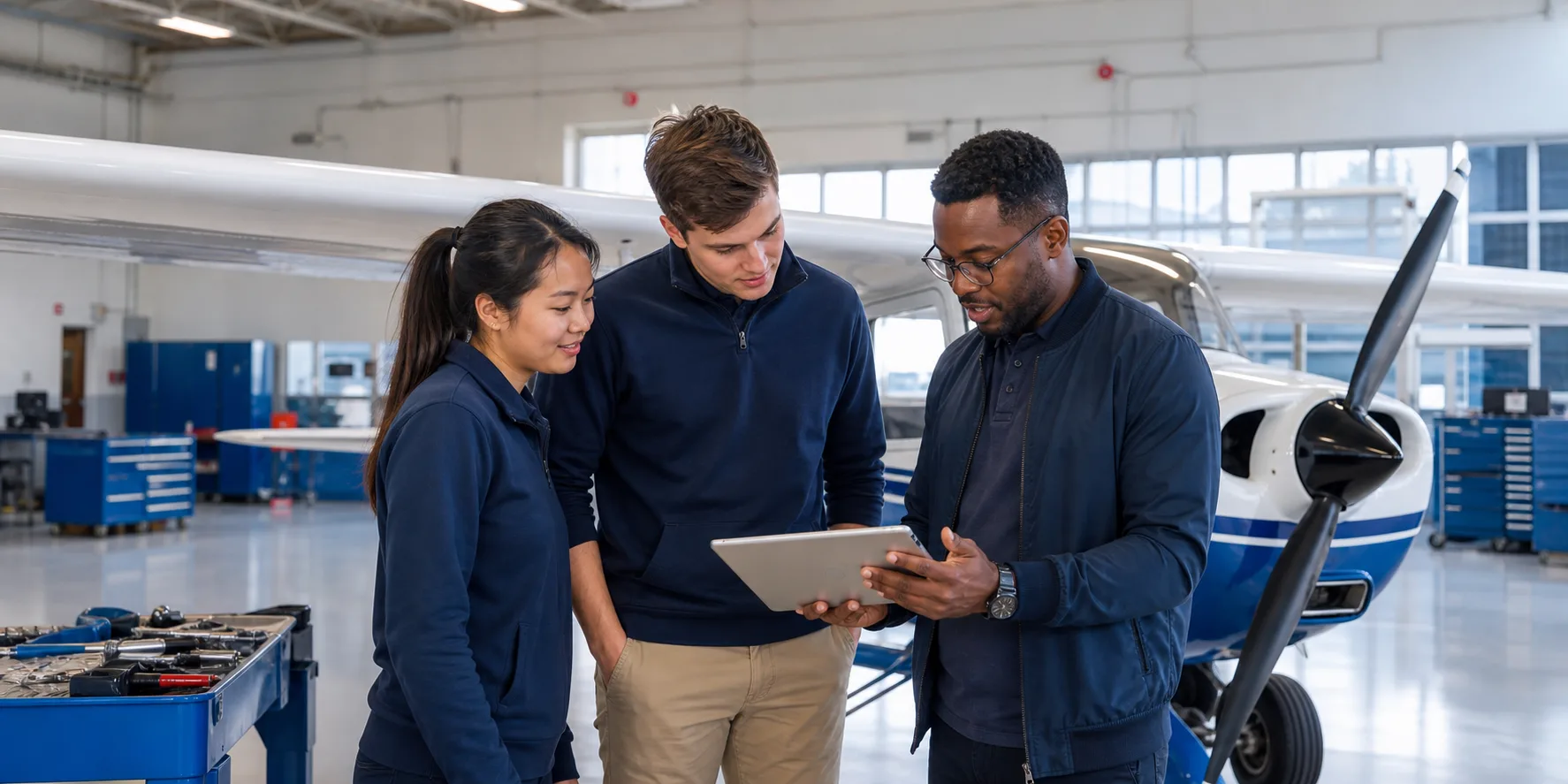 Aviation students reviewing flight information beside a training aircraft