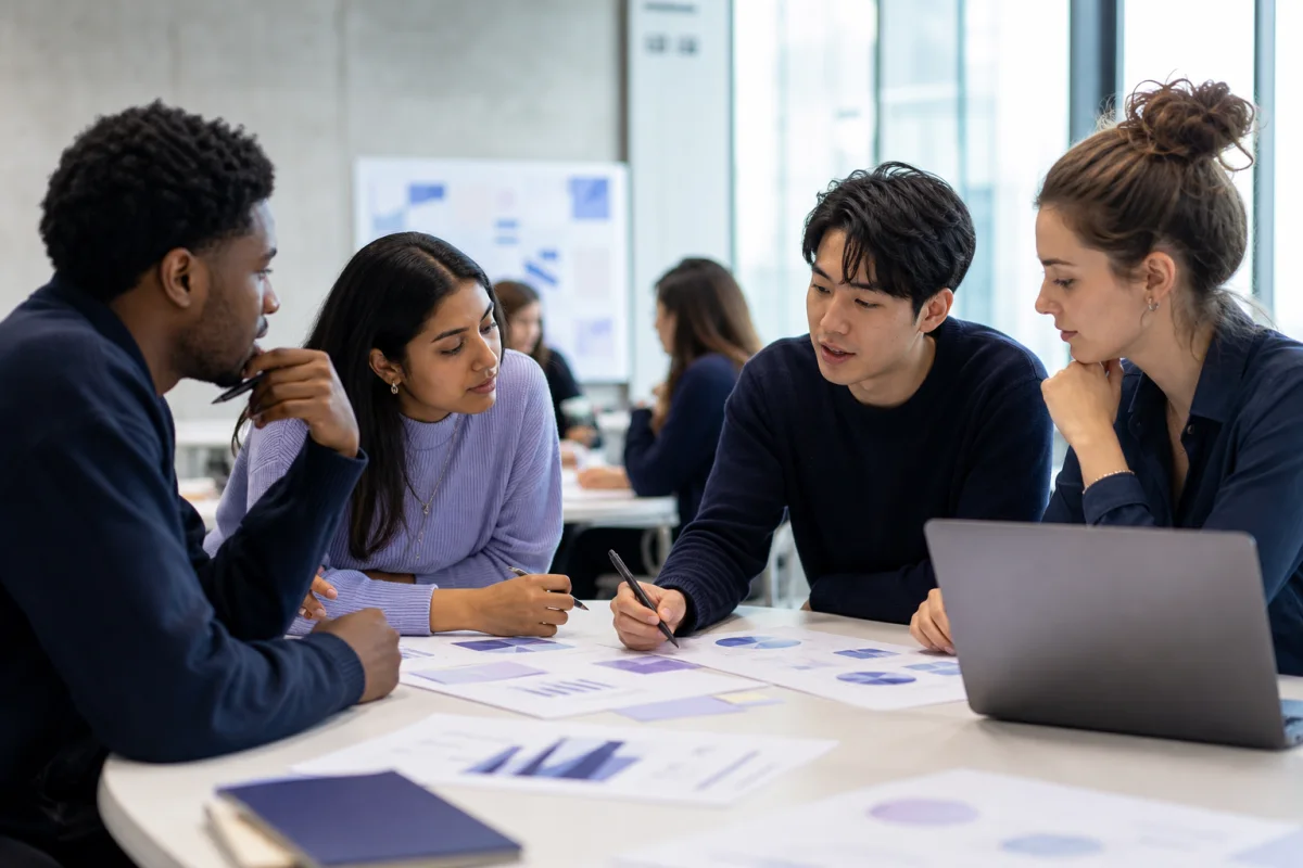 Business students reviewing a project around a table