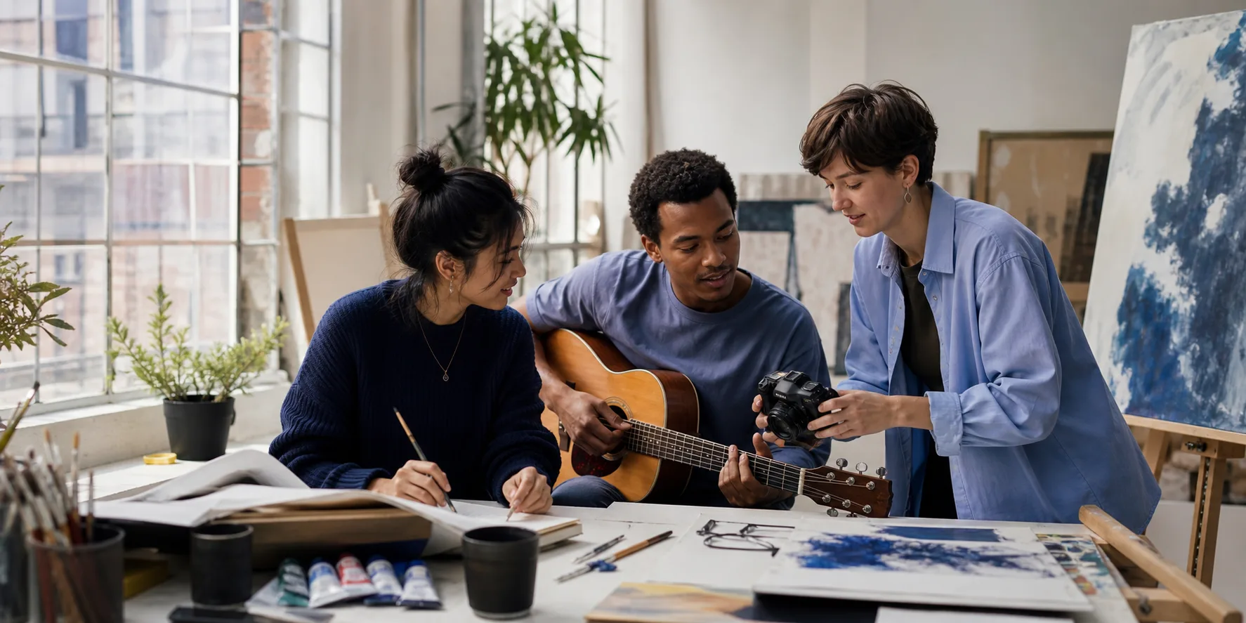 Art and music students collaborating in a university studio
