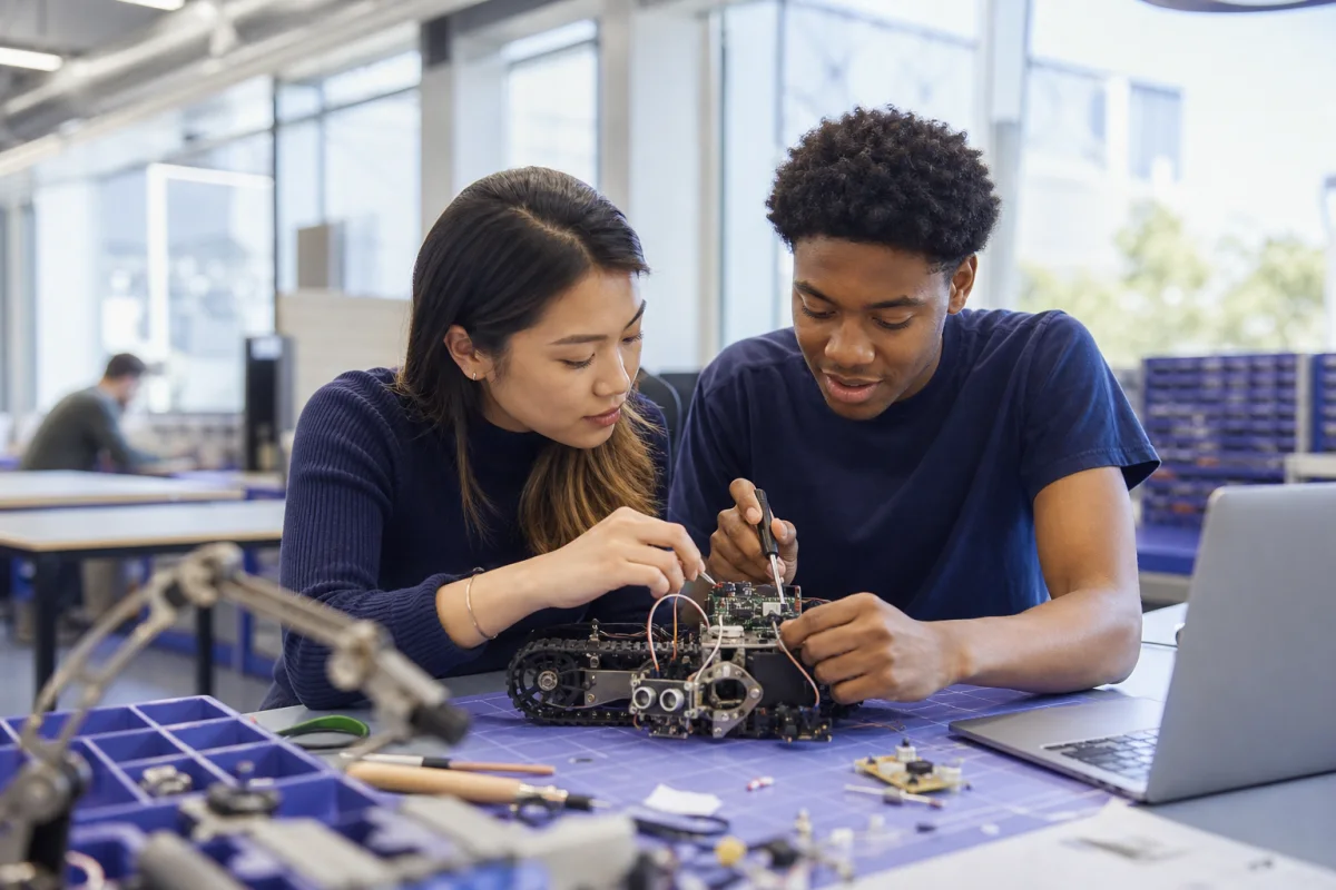 Engineering students assembling a small robot in a university lab