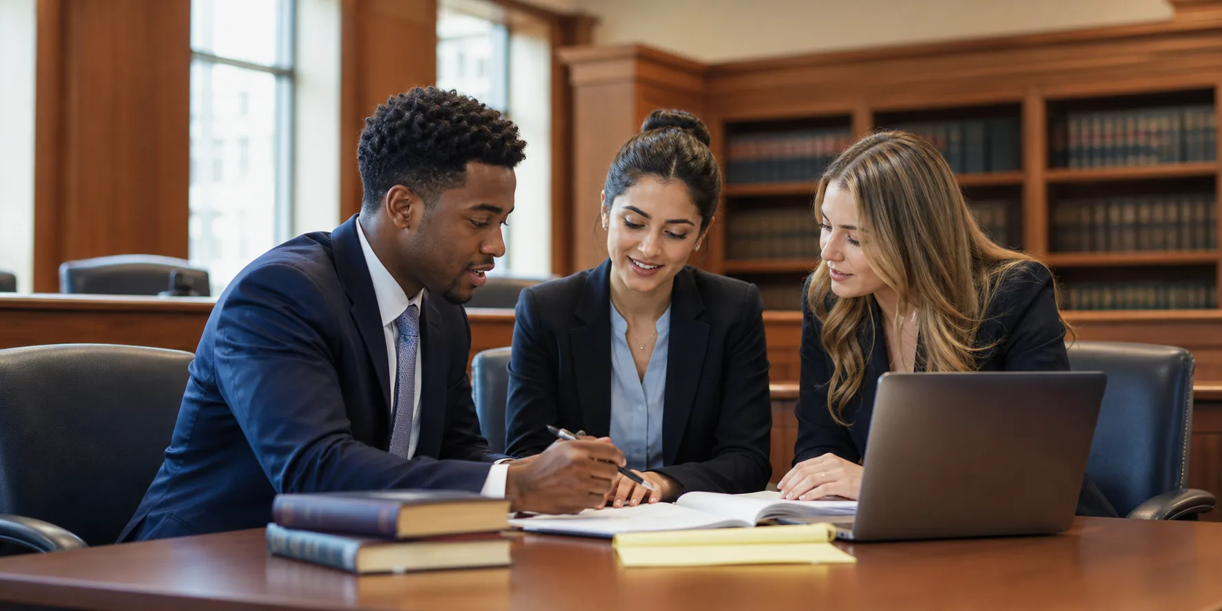 Law students reviewing case notes in a moot courtroom