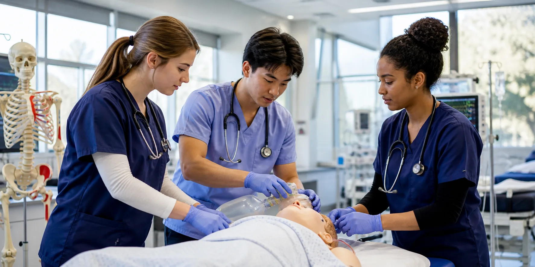 Medical students practicing patient care with a simulation mannequin
