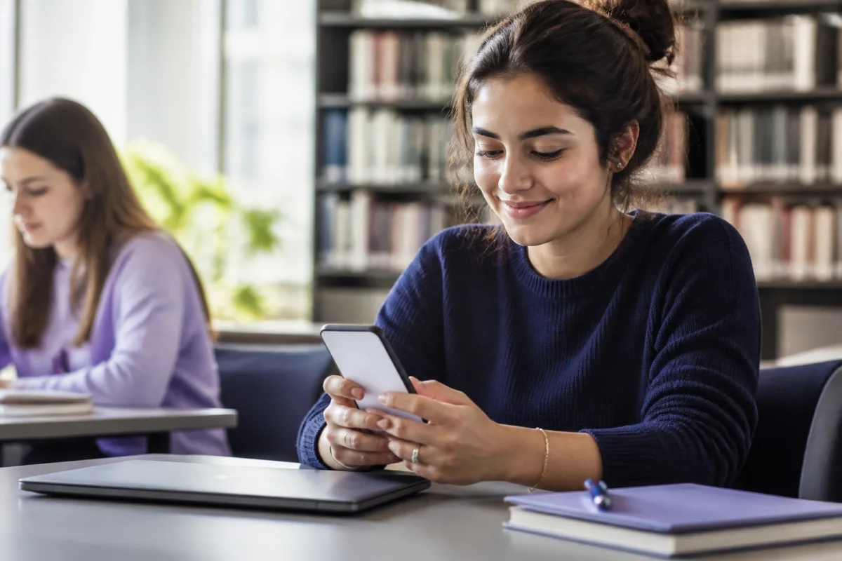 Student completing an online application on a smartphone