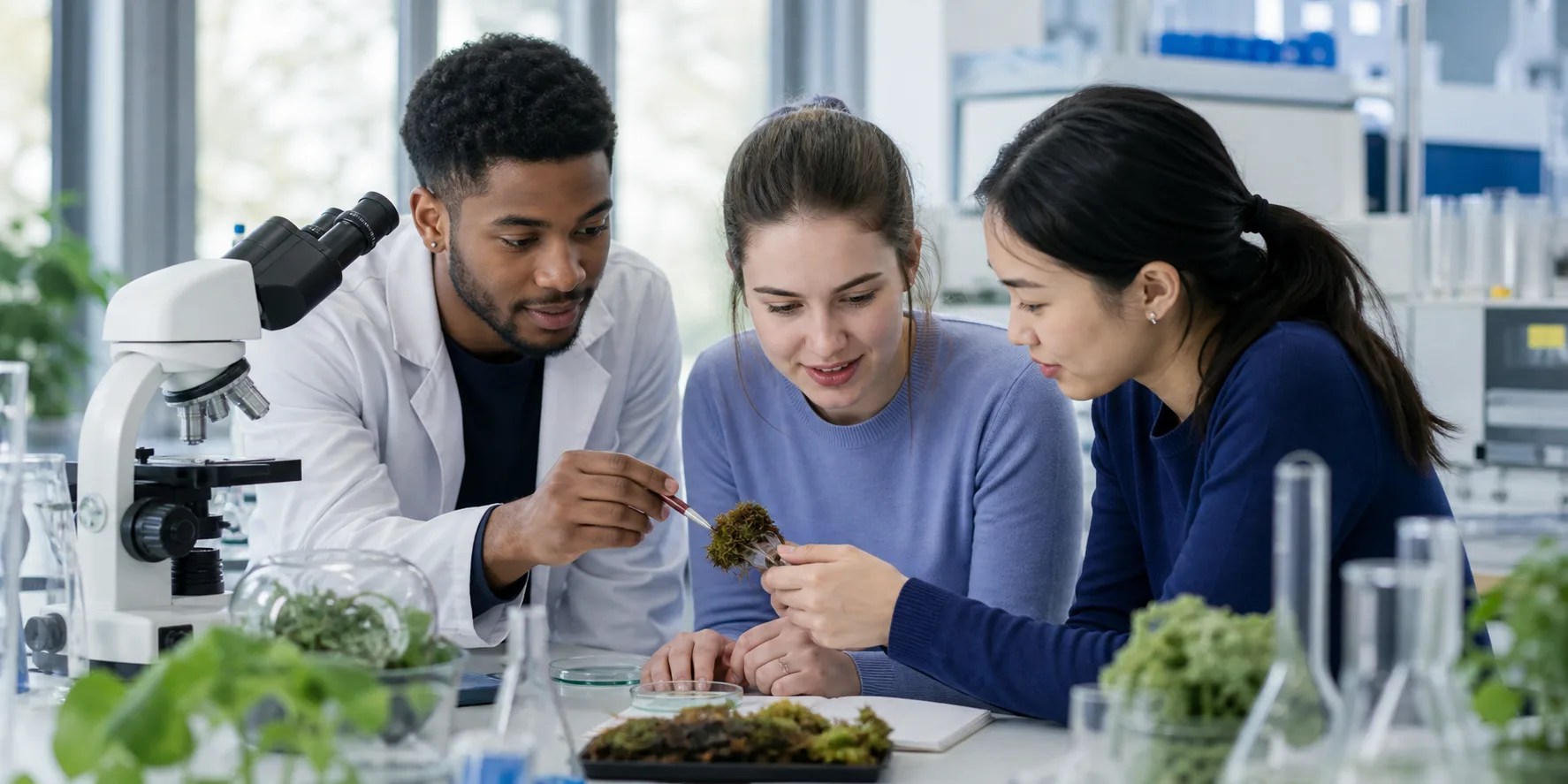 Science students examining a plant sample in a laboratory