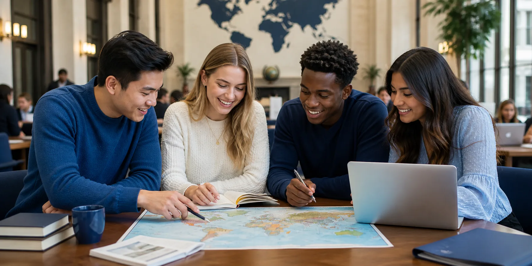 International students planning study abroad with a map and laptop