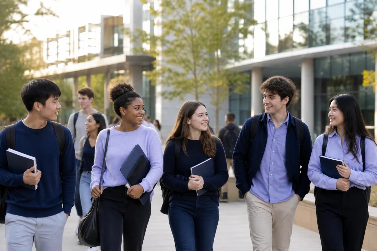 University students carrying notebooks across a modern campus