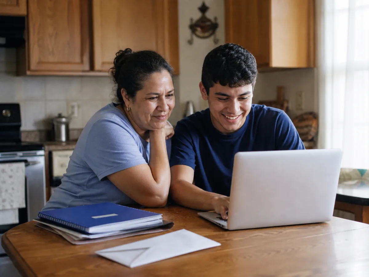 Student and parent reviewing college information on a laptop