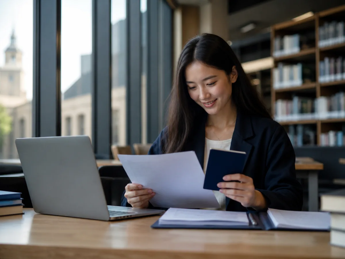 Student reviewing application documents in a university library