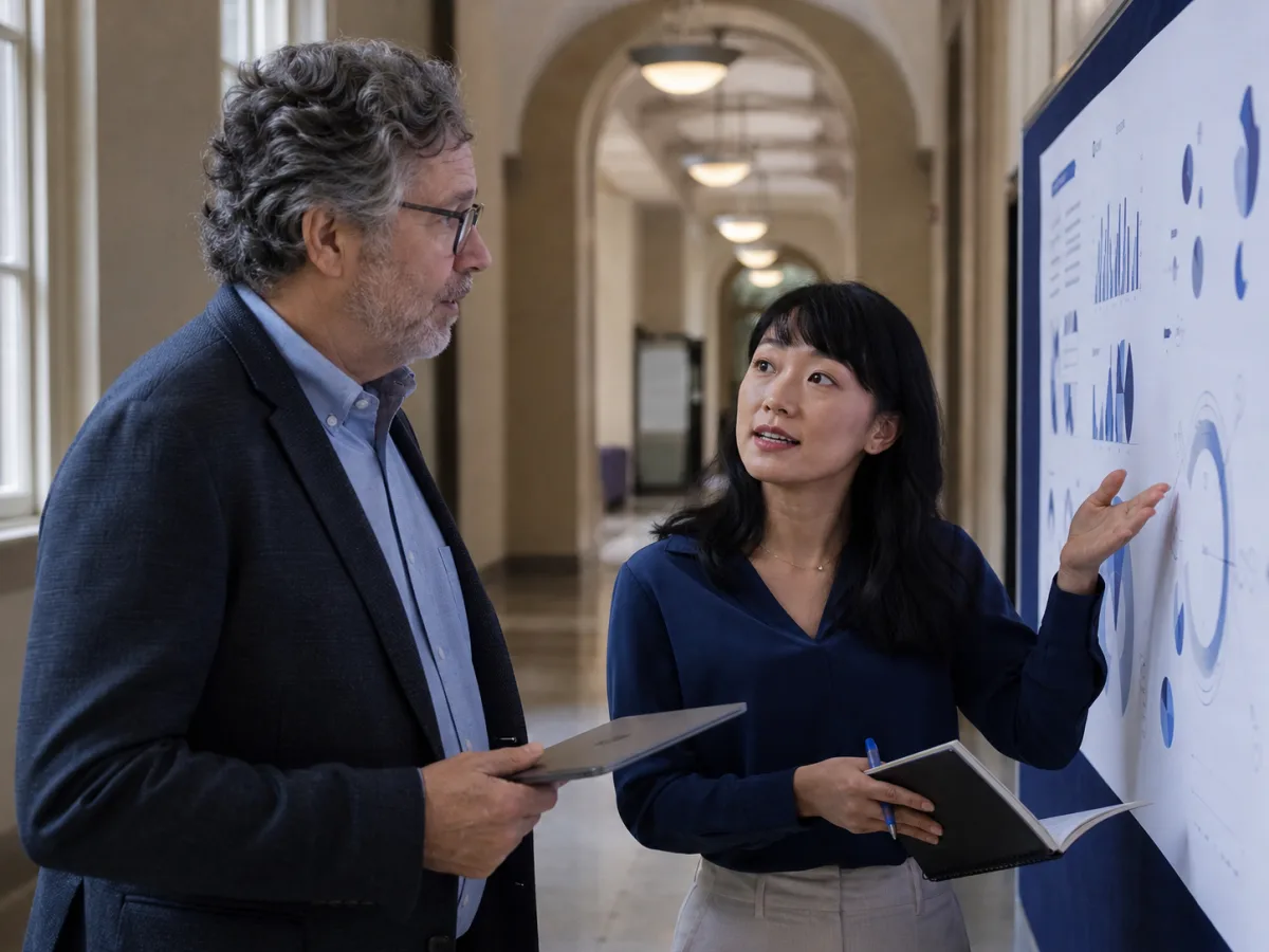 Graduate researcher discussing charts with a faculty mentor