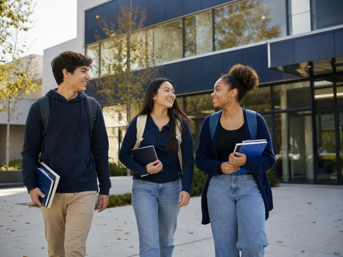 Three students carrying notebooks on a school campus