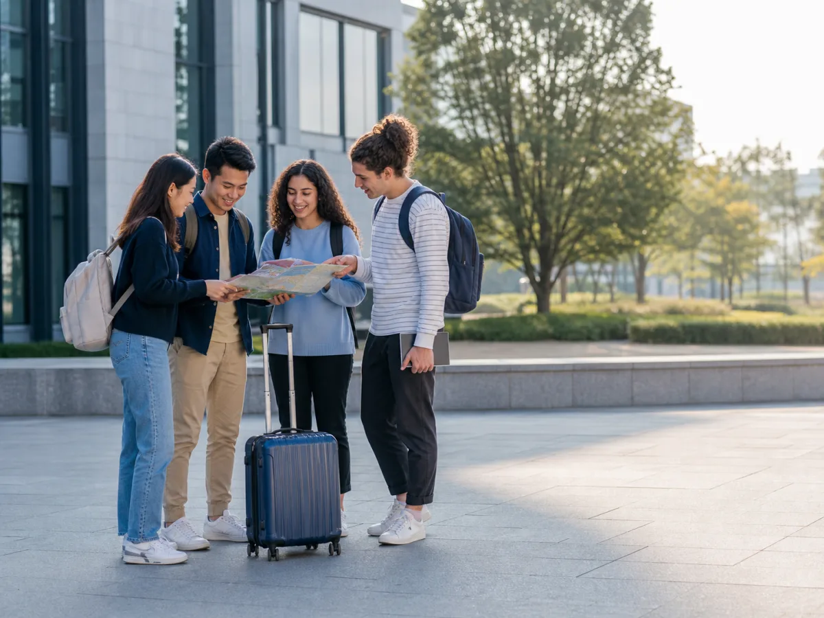 International students consulting a campus map with luggage